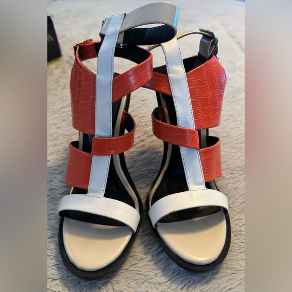 Paper Fox Stylish Orange Croco, White & Black Women's Open Toe Heels with Straps - Picture 3 of 15
